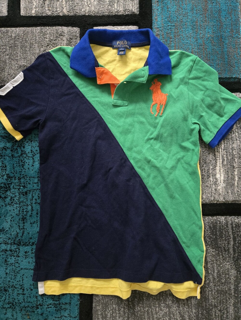 Polo by Ralph Lauren Boys Green & Navy Diagonal Colorblock Polo with Orange Pony